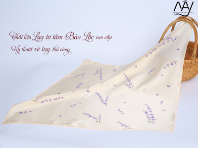 khăn lụa tơ tằm vẽ tay hoa lavender màu be 5555